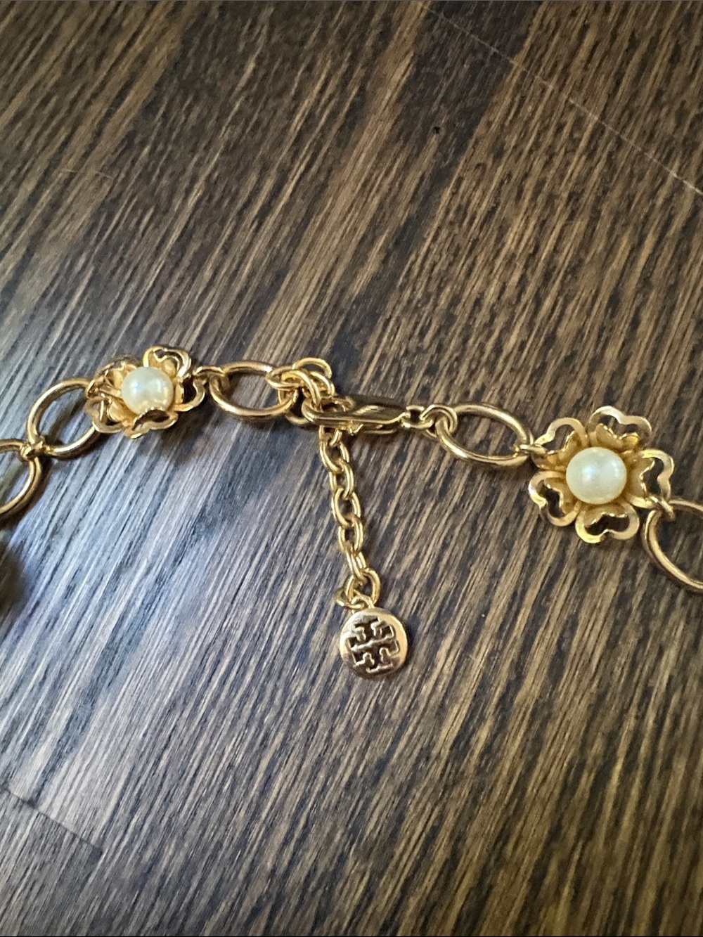 Tory Burch Gold and Cream Pearl Floral Link Necklace - Picture 2 of 3